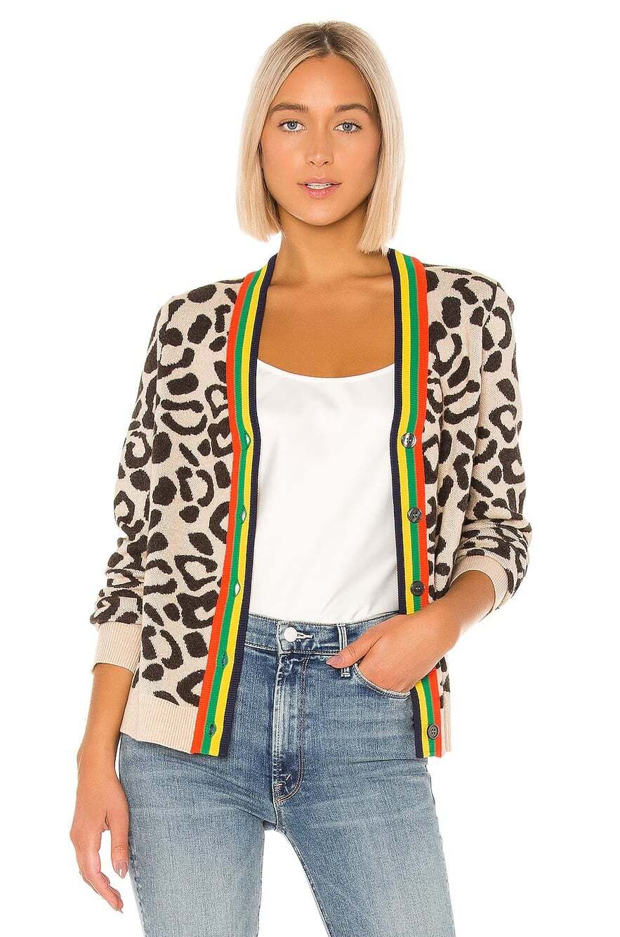 KULE The Cat Leopard Print Cardigan Sweater Medium M Rainbow Stripe Trim